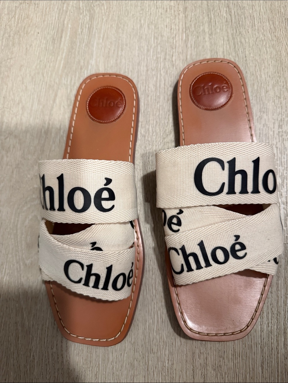 Women's Beige Logo Canvas Slide Sandals